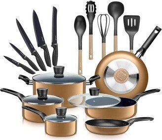 20 Piece Kitchenware Pots & Pans Set – Basic Kitchen Cookware, Black Non-Stick Coating Inside, Heat Resistant Lacquer (Gold)