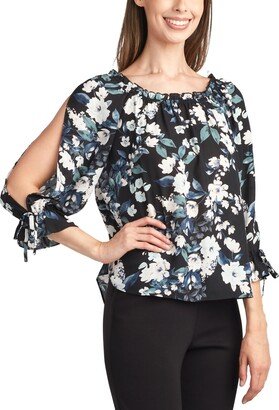 Juniors' Floral-Print Split-Sleeve Ruffled-Neck Top