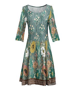 Teal & Brown Floral Three-Quarter Sleeve A-Line Dress - Women & Plus