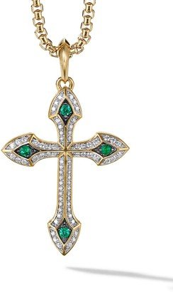 18kt yellow gold Gothic diamond and emerald cross pendant