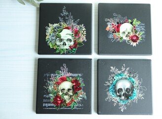 Set Of 4 Floral Skull Ceramic Coasters, Custom Gift, Home Decor, Statement Pieces