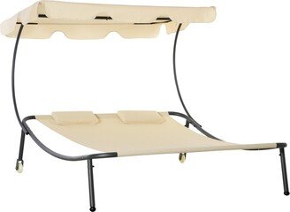 Patio Double Chaise Lounge Chair, Outdoor Wheeled Hammock Daybed with Adjustable Canopy and Pillow for Sun Room, Garden, or Poolside, Beige