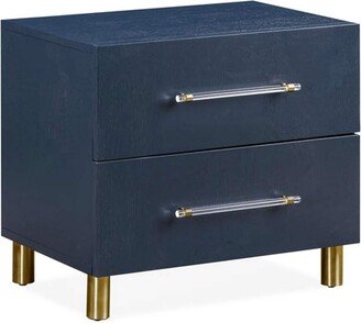 Herst 26 Inch Nightstand, Navy Blue Wood, 2 Drawers, Cylindrical Brass Legs