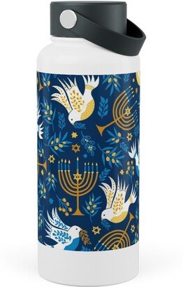 Photo Water Bottles: Hanukkah Birds And Menorahs - Dark Blue Stainless Steel Wide Mouth Water Bottle, 30Oz, Wide Mouth, Blue