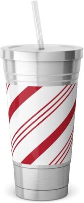 Travel Mugs: Candy Cane Stripes - Red On White Stainless Tumbler With Straw, 18Oz, Red