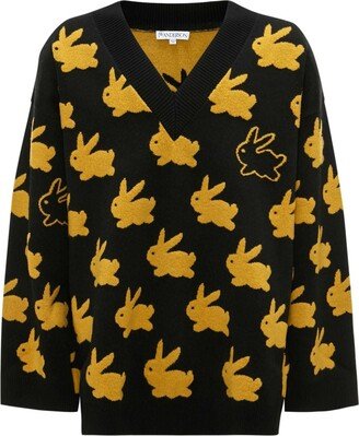 bunny-print V-neck jumper