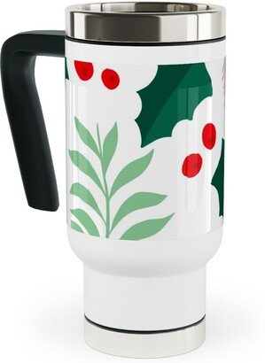 Travel Mugs: Botanical Christmas Garden Pine Leaves Holly Branch Berries - Green And Red Travel Mug With Handle, 17Oz, Green