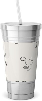 Travel Mugs: Minimalist Feminist Faces - Line Drawing Stainless Tumbler With Straw, 18Oz, Beige