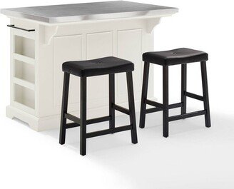 Julia Stainless Steel Top Kitchen Island with 2 Upholstered Saddle Counter Height Barstools White