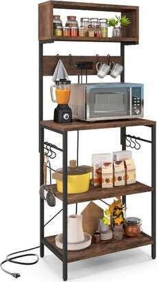 Kitchen Bakers Rack 60'' Microwave Stand with Power Outlet Open Shelves & Hooks