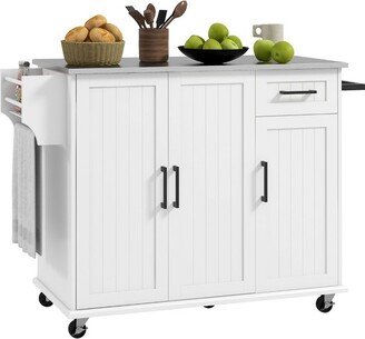 HOMCOM Kitchen Island on Wheels, Rolling Kitchen Cart with Stainless Steel Countertop, Drawer, Storage Cabinets, Spice Rack and Towel Rack, White