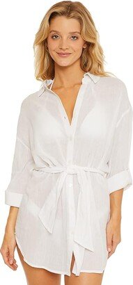Gauzy Button Front Collared Shirtdress Cover-Up (White) Women's Swimwear