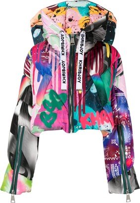 Graffiti-Print Hooded Padded Jacket