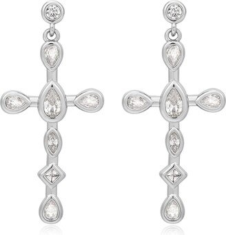 Mini Bezel Stone Cross Studs- Silver