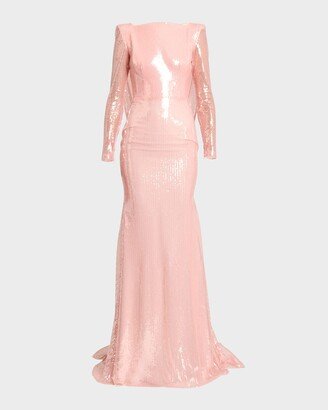 Sequin Long-Sleeve Strong-Shoulder Drape Trumpet Gown