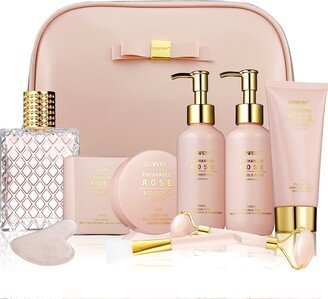 Lovery Luxury Enchanted Rose Bath & Body Beauty Kit with Leather Bag, Jade Roller & More-AA