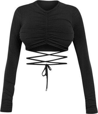 Cliché Reborn Wrap Tie Detail Long Sleeve Crop Top In Black