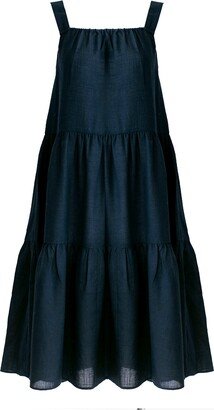 Zenzee Women's Blue Cotton Linen Gathered Strap Tiered Dress - Navy