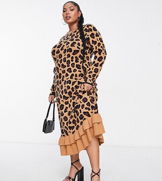 Never Fully Dressed Plus ruffle knit midi dress in leopard print