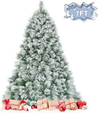 Tangkula 7FT Snow Flocked Artificial Christmas Tree Hinged Decoration Pine Tree