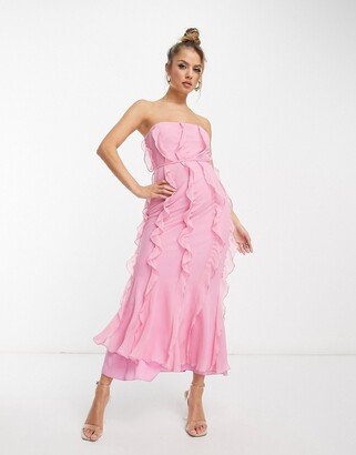 ruffle bandeau midaxi dress with tie waist in pink