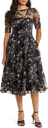 Sequin Floral Embroidery Fit & Flare Cocktail Midi Dress