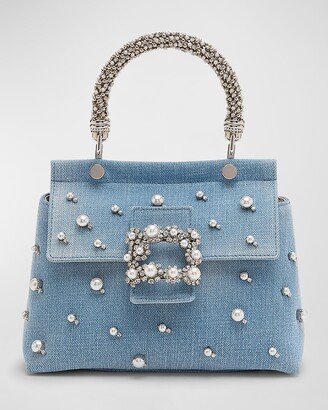 Viv Flower Pearly Jewel Denim Top-Handle Bag