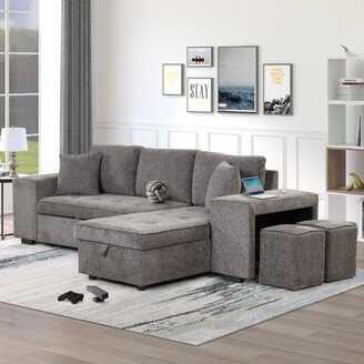GREATPLANINC Convertible Sectional Sofa Set L-shapa Linen Couch w/ Stools & Storage