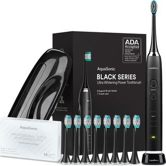 AQUASONIC Black Series Toothbrush & Travel Case With 8 Dupont Brush Heads & Whitening Strips Set