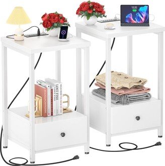 Global Pronex White Nightstands Set of 2 with Charging Station, Modern Night Stand Bedside Table with Storage Drawer and Shelf