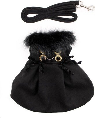 Doggie Design Wool Dog Coat Harness Fur Collar with Matching Leash-Black(Large)