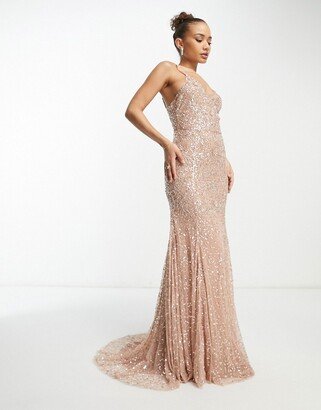 Beauut Bridesmaid allover embellished maxi dress with train in taupe