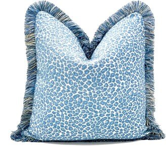 Blue Cheetah Throw Pillow Cover, Chenille Blue Leopard With Brush Fringe