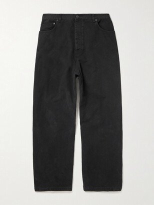 Hybrid Wide-Leg Distressed Panelled Denim and Cotton-Fleece Trousers