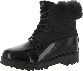 Gaineau-PL Womens Patent Leather Faux Fur Combat & Lace-up Boots