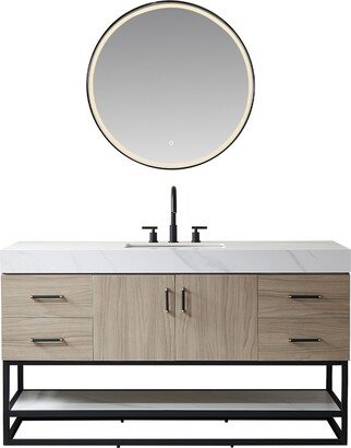 Toledo 60 Single Vanity in Light Walnut with Stone Sink Top, Mirror