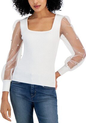 Juniors' Sheer-Sleeve Imitation-Pearl Square-Neck Sweater