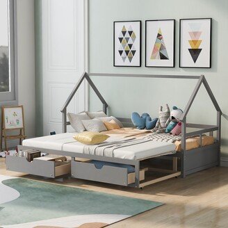 Gerojo Extending Wooden Twin/Full Daybed with Twin Trundle and 2 Drawers, Grey