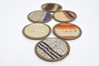 Coffee Cup Pad, Gift For Her, Set Of Six, Beige Coaster, Striped Traditional Stylish Rug Turkish