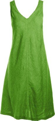 Haris Cotton “V” Neckline Flared Linen Dress - Avocado