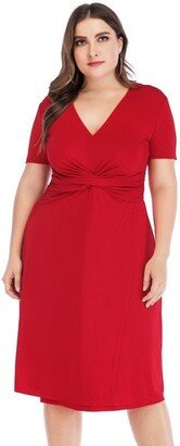 Kaimilan Red Evening A-Line V-Neck Short Sleeve Below Knee Dress