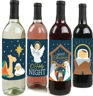 Big Dot of Happiness Holy Nativity - Manger Scene Religious Christmas Decorations for Women and Men - Wine Bottle Label Stickers - Set of 4