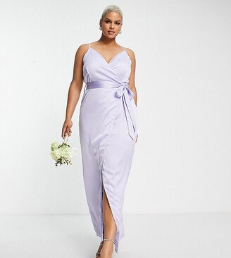 Liquorish Plus Bridesmaid satin wrap maxi dress with belt in lilac