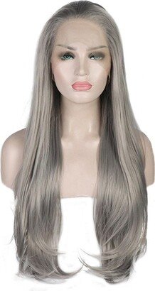 Unique Bargains Long Natural Curly Lace Front Wigs for Women with Wig Cap 24 Gray 1PC