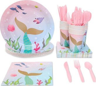 Juvale 144 Pieces Mermaid Birthday Party Decorations, Dinnerware Set with Plates, Napkins, Cups, Cutlery (Serves 24)