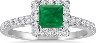 Monary 1 Carat TW Genuine Princess Cut Emerald and Diamond Halo Engagement Ring in 14K White Gold