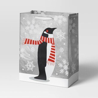 Large Cub Penguin Wearing Scarf Christmas Gift Bag Silver - Wondershop™