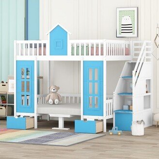 Full-Over-Full Bunk Bed with Changeable Table, Separable Bunk Bed Turn into Upper Bed and Down Desk Blue