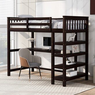 GEROJO Traditional Sturdy & Durable Twin Size Loft Bed with Storage Shelves & Under-Bed Desk & Stable Guardrails, Space-Saving