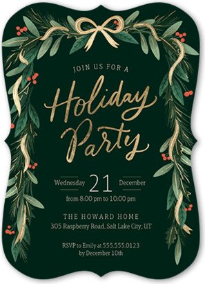 Holiday Invitations: Foliage Streamers Holiday Invitation, Green, 5X7, Holiday, Pearl Shimmer Cardstock, Bracket